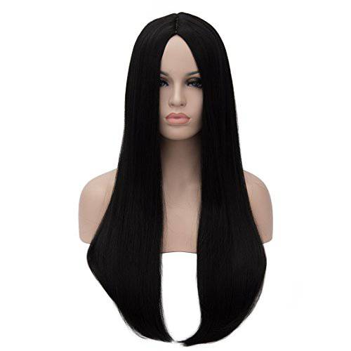 QACCF Long Black Wig 26 Women’s Long Straight Middle Part Synthetic Halloween Costume Full Wig (Black)