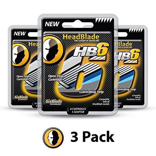 HeadBlade Men’s HB6 Refill Shaving Razor Blades - 6 Stainless Steel Blades for No Tugging or Pulling, Shave Less, Works for Face, Body, and Scalp (12 Blades) 3 Pack