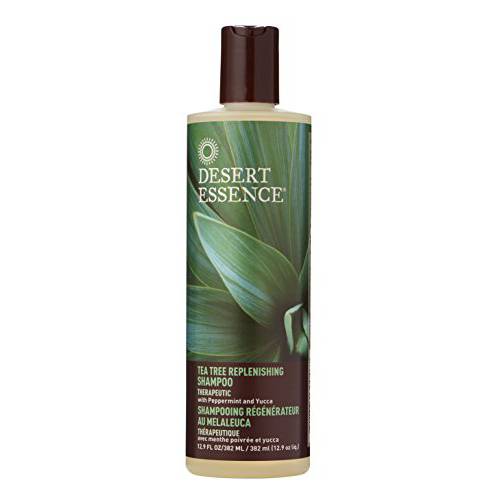 Desert Essence Tea Tree Replenishing Shampoo - 12.7 Fl Ounce - Pack of 2 - Therapeutic - Peppermint & Yucca - Antibacterial - Restore & Nurture Hair - Reduce Flaking - All Skin Types