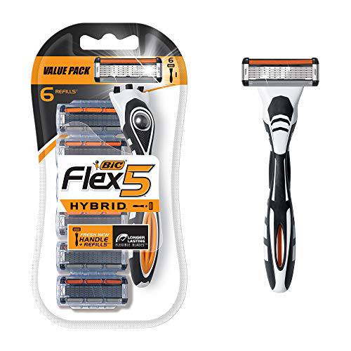 BIC Flex 5 Hybrid Disposable Razors for Men, 1 Handle and 6 Cartridges With 5 Blades, 7 Piece Razor Set for Men