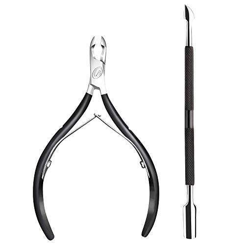 Cuticle Nipper with Cuticle Pusher- Professional Grade Stainless Steel Cuticle Remover and Cutter - Durable Manicure and Pedicure Tool - Beauty Tool Perfect for Fingernails and Toenails (Black)