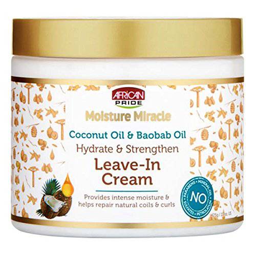 African Pride Moisture Miracle Coconut Oil & Baobab Oil Leave-In Cream - Provides Intense Moisture & Helps Repair Natural Coils & Curls, Hydrates & Strengthens Hair, 15 oz