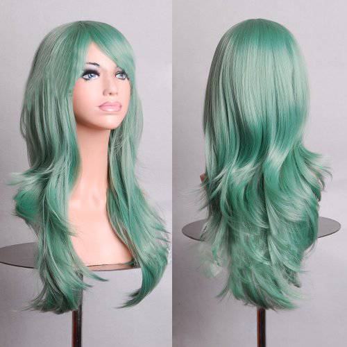 BERON 24 Inches Green Wig Long Wavy Wig Mint Green Wig for Women Heat Resistant Synthetic Hair Light Green Wig with Bangs Green Cosplay Party Wig (Mint Green)