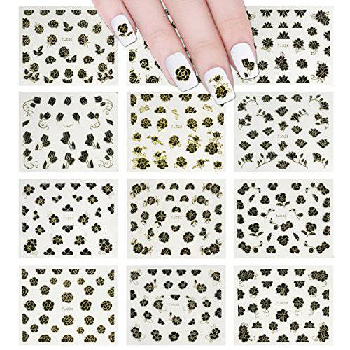 ALLYDREW 12 Sheets Black Flower with Gold Trim Nail Stickers Nail Art