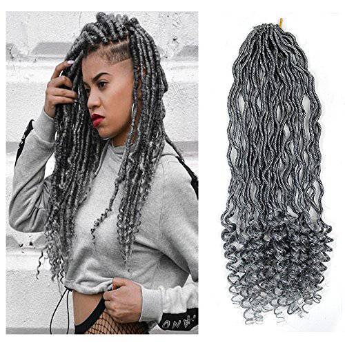 18 Goddess Locs Crochet Braids Grey Wavy Faux Locs Crochet Hair Curly Ends Dreadlocks Synthetic Braiding Hair Extensions (18 6Packs, Grey)