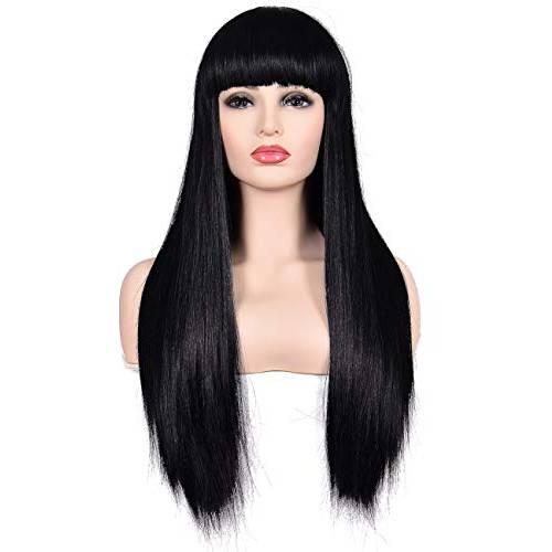 Morvally Women’s 26 Long Straight Black Synthetic Resistant Hair Wigs with Bangs Natural Looking Wig for Women Halloween Cosplay