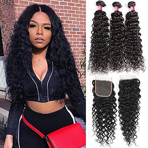 8A Brazilian Virgin Human Hair Water Wave Bundles With Closure 100% Unprocessed Wet and Wavy Deep Curly 3 Bundles With Lace Closure Ocean Wave Remy Hair Natural Black Color(10 12 14+10 closure)