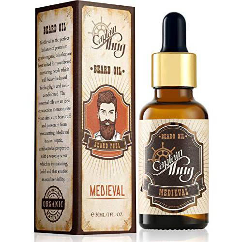 Captain Thug Medieval Beard Oil Conditioner – Ultra Premium Ayurveda – 9 Essential Oils – Softens, Smooths & Strengthens Beard Growth – Grooming Beard and Mustache Nourishment Treatment – 1 fl. oz.