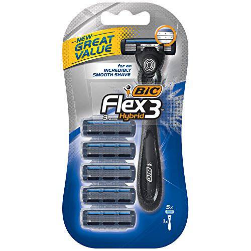 BIC Flex 3 Hybrid Men’s 3-Blade Disposable Razor, For a Smooth and Comfortable Shave, 1 Handle and 5 Cartridges