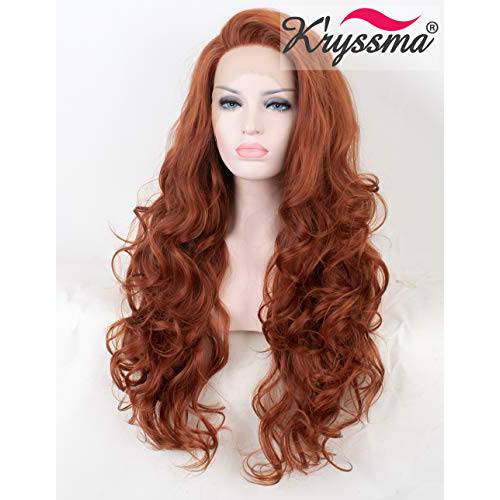 K’ryssma Fashionable 350 Copper Red Lace Front Wigs for Women Long Wavy Glueless Synthetic Wig Heat Resistant Half Hand Tied Replacement Full Hair Wig 22 Inch