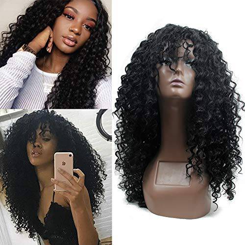 YXCHERISHAIR Deep Curly Wigs for Black Women Long Afro Curly Wig With Bangs,High Density Natural Black Color Layered Synthetic Full Wigs