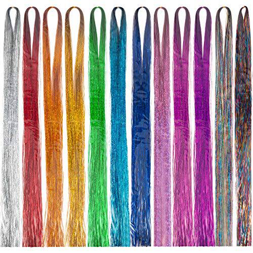 Hair Tinsel Strands 47 Inches Sparkling Shiny Hair Tinsel Extensions 12 Colors (1800 Pieces)
