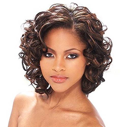SEVENCOLORS Short Brown Curly Wigs for Black Women Mxied Brown Big Curly Bob Synthetic Wig