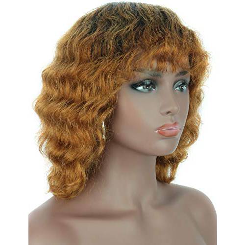 Brinbea 100% Remy Human Hair Wig with Hair Bangs Ombre Black to Light Brown Body Wave Human Hair Wigs for Women 12 inch Short Curly Hair Wigs with 2 Free Wigs Caps