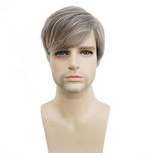 Wiginway Short Straight Wig for Men, Gray Synthetic Natural full Wigs, 6