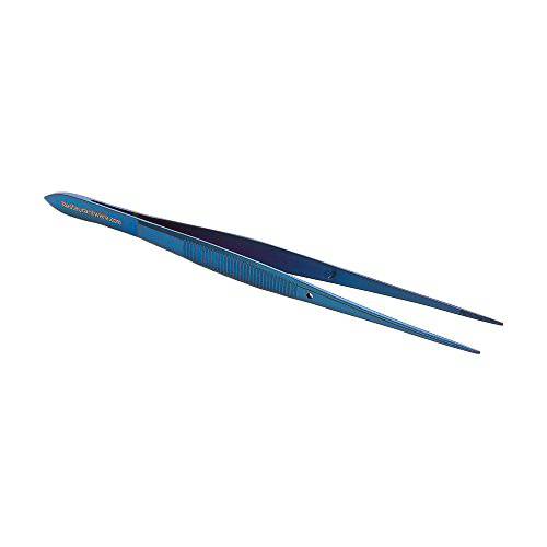 Perfect Point 6.3 Inch Food Tweezer, 1 Straight Kitchen Tweezer - Fine Point, Serrated Tips For Precision, Blue Stainless Steel Cooking Tweezer, For Seafood, Plating, or Decorating - Restaurantware