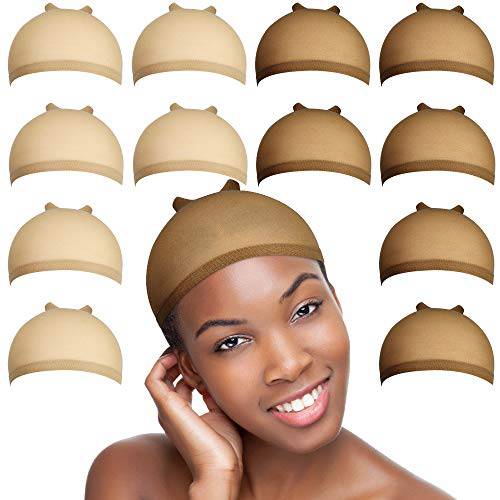 FANDAMEI 12pcs Stocking Wig Caps, 6pcs Brown Skin Tone Stocking Caps& 6pcs Light Brown Stretchy Nylon Wig Caps for Women