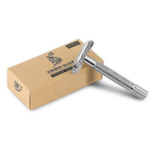 Double Edge Safety Razor for Beginners, The Chieftain JR by VIKINGS BLADE, Butterfly Twist-To-Open Head, Eco Friendly, Smooth, Close, Clean Shaving Razor, Suitable for All Genders (Silver Chromium)