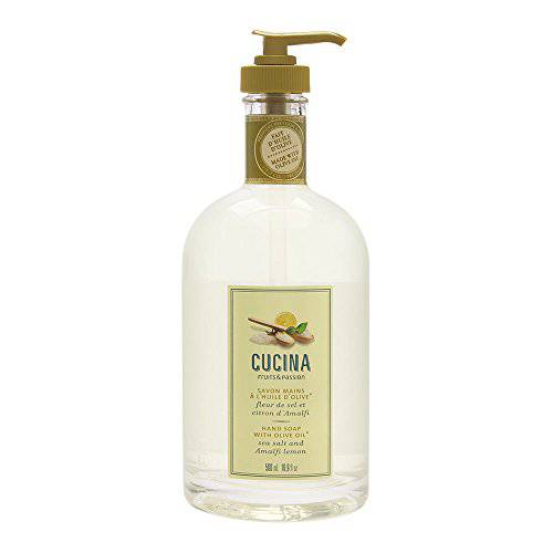 Fruits & Passion [Cucina] Sea Salt & Amalfi Lemon - Luxury Hand Soap with Olive Oil (16.9 fl oz) - Liquid Hand Wash with Glass Soap Dispenser