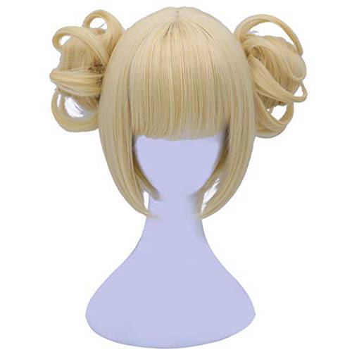 morvally Short Blonde Cosplay Costume Halloween Wig and 2 Detachable Buns with Clips for Women Girls