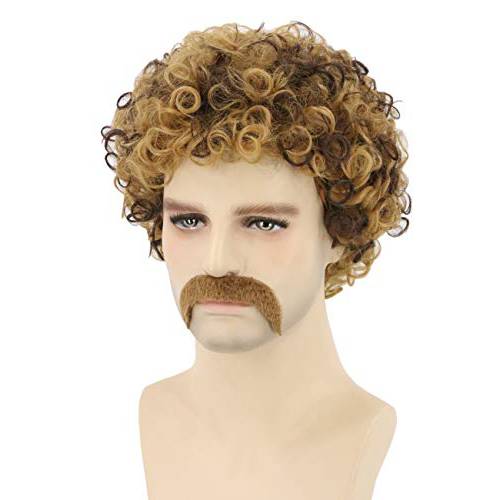 Topcosplay 3 Pieces Set Men Wigs Necklace Moustache Short Curly Halloween Wigs Blonde Mixed Brown