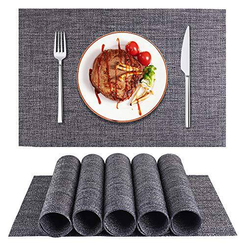 BETEAM Placemats Set of 6, Woven Vinyl Placemats, Washable & Durable Table Placemats, Indoor/Outdoor Use Table Mats, Dark Grey