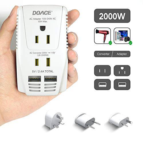 220V to 110V Converter, DoAce 2000W Travel Voltage Converter for Hair Dryer Straightener Curling Iron, 10A Power Adapter with 2 USB and EU/UK/AU/US Plugs for Charging Laptop Tablet Camera Cell Phone