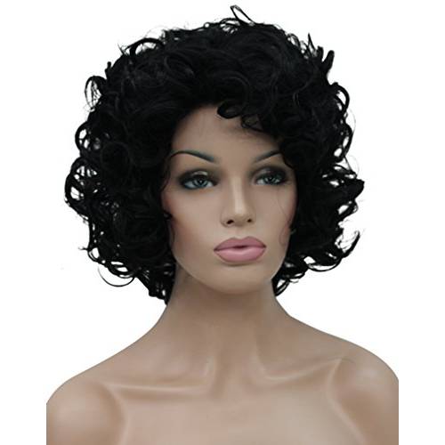 Kalyss Short Curly Wavy Black Wigs for Women Heat Resistant Synthetic Full Head Hair Costume Wig Natural Looking 130% Density Hairpiece