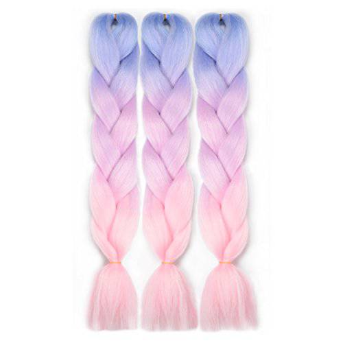 VCKOVCKO Pink Jumbo Braid Crochet Braids Hair Extension Three Tone Ombre Color Rainbow Jumbo Braiding For Twist Braiding,Jumbo Box Braiding Hair 24,3 Bundles/Lot,Blue-Light purple-Pink