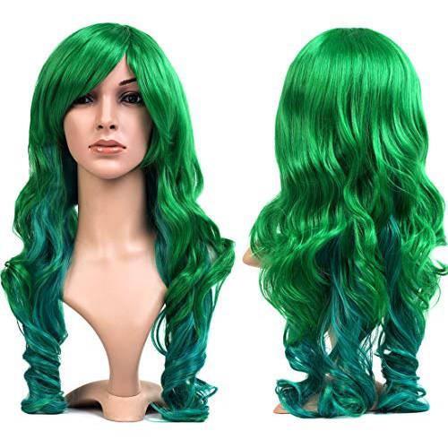 AneShe 27.5 Women’s Green Wig Long Curly Harajuku Lolita Style Cosplay Wigs Heat Resistant Fiber Wigs (Dark Green)
