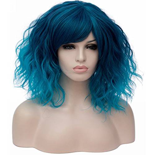 Women’s Short Curly Wig 14 Inches Bob Wigs with Fringe for Women Halloween Cosplay Party Fancy Dress, Blue Drag Queen Wigs Daily Wear
