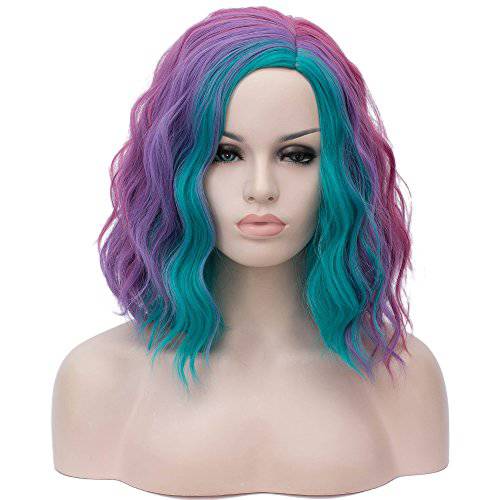 Alacos Curly Bob Wig Rainbow Lolita Fashion Shoulder Length Women Hair Wigs +Free Wig Cap (Turquoise Green Pink Purple)