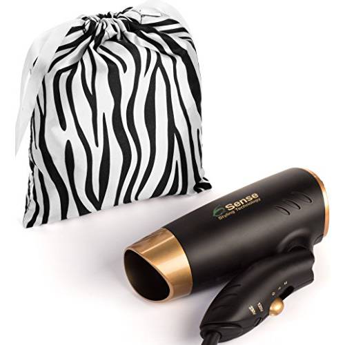 Travel Hair Dryer Dual Voltage Meets UL 859 Standards Compact Folding Handle 1200 Watts Lightweight for Worldwide Use Gym or Home 2 Speed/Heat Settings and Carry Bag (Black & Gold)