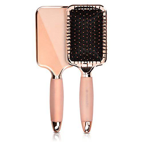 Navaris Paddle Brush Large Detangling Styling Hairbrush for All Hair Types with Conforming Comfort Gel Handle Metallic Rose Gold