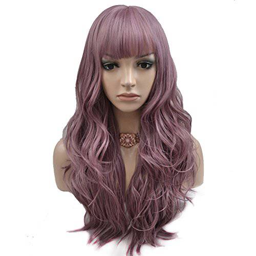BERON Dust Purple Wig Long Wavy Wig with Bangs Synthetic Wig Long Wig Purple Wigs for Cosplay Costume Party with Wig Cap
