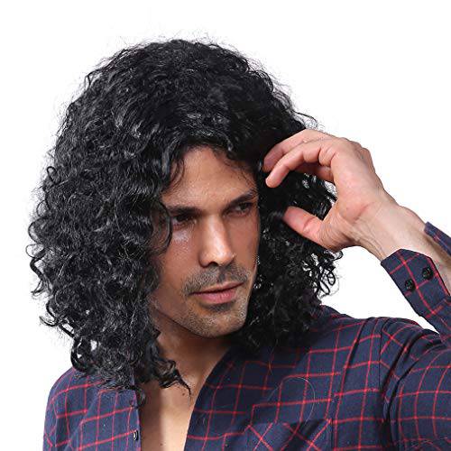 Starcourtyard 70s Long Black Curly Wig for Men Halloween Cosplay Wigs Large