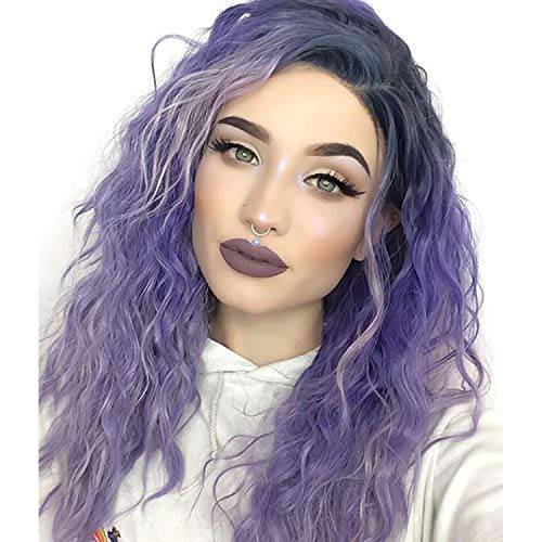 GNIMEGIL 20 Long Curly Wavy Ombre Purple Wig for Women Dark Roots Glueless Heat Resistant Synthetic Wig for Cosplay Christmas Costume Party