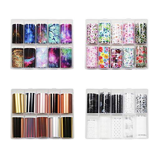 BlueZOO 40PCS Nail Art Foil Transfer Paper Set Starry Sky Flower Stickers Pack Different Colored Nails Decals Wraps Kit DIY Decorations Accessories