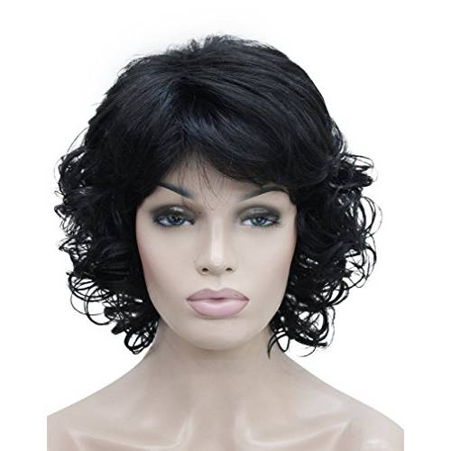 Kalyss Short Black Curly Wavy Premium Synthetic Hair Wig for Women Heat Resistant Synthetic Wigs with Hair Bangs Costume or Daily Hairpiece