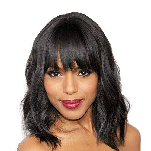 Elegant Nautral Black Wig with Bangs Bob Short Curly Wigs for Women Charming Natural Wavy Wigs for Black Women Bangs Wigs Hair Wig Extensions (14inch)