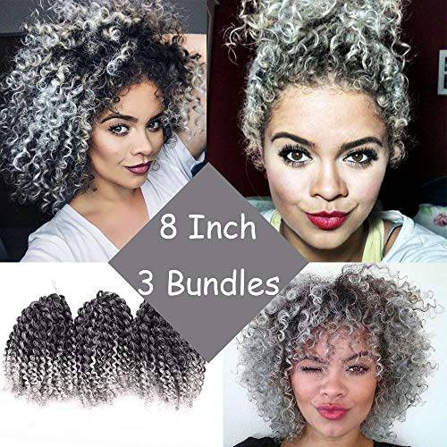 Silike Marlybob Kinky Curl Ombre Crochet Braiding Hair (3 Bundles/pack) 8’’ Water Wave Crochet Hair Extensions For Women (T 1B/Grey)