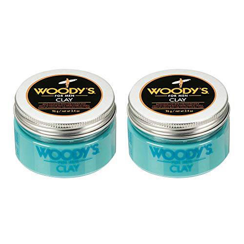 Woody’s Clay for Men, Matte Finish with Firm and Flexible Hold, Adds Thickness and Texture, Keeps Hair Moisturized and Protected, with Natural Ingredients, No-Frizz, Dry to Normal Hair 3.4 oz. 2-Pack