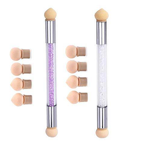 RAYNAG Set of 2 Dual Tipped Ombre Sponge Brush Nail Gradient Shading Pen Nail Tip Builder with 8 Replacement Heads,Purple+White