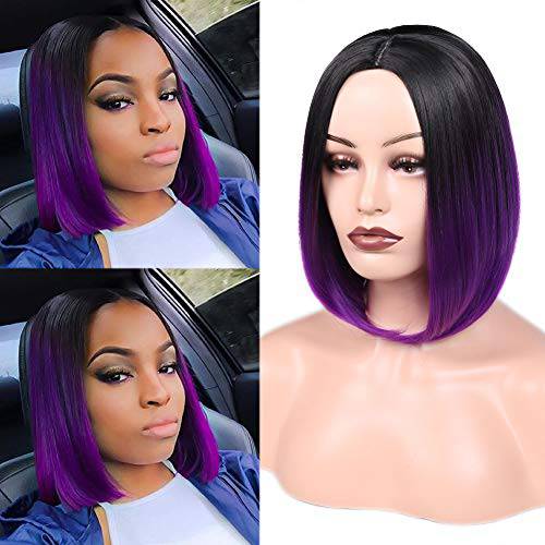 HANNE Ombre Purple Bob Wig Short Straight Bob Wig Heat Resistant Synthetic Hair Wigs for Black Women (Black to Purple)