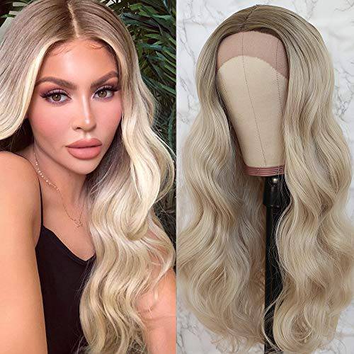 QD-Tizer Ombre Ash Blonde Hair Body Wave Synthetic Lace Front Wigs for Fashion Women Long Wavy Lace Front Blonde Wigs Brown Roots