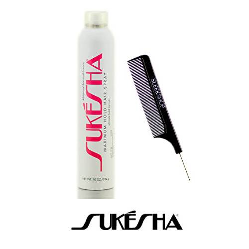 Sukesha Maximum Hold Hair Spray, ultimate hold aerosol formula (with Sleek Steel Pin Tail Comb) (10 oz / 284 gram - retail size)