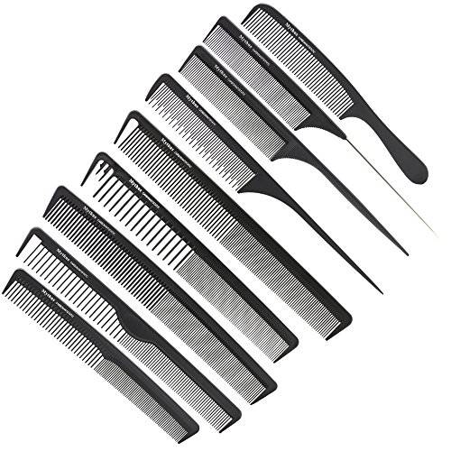 CestoMen 9pcs Black Carbon Fiber Hair Combs Set, Anti Static Heat Resistant Hair Cutting Comb Salon Styling Hairdressing Carbon Combs Kit Professional Fine and Wide Tooth Rat Tail Comb for All Hair Types