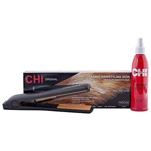 CHI Original Ceramic 1 Straightening Hairstyling Iron with Iron Guard Thermal Protection Spray, 1 Set