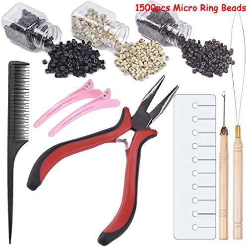 Hair Extensions Kits for Micro Ring Link Hair and Feather Extensions 1500Pcs 0.2 Inches Micro Ring Beads (black brown blonde) 1 Pliers 2 Hook Needle Pulling Loop 1 Comb 2 Hair Clip 1 Hair Helpful Card