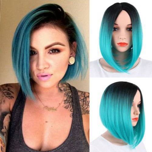 FCHW Wig Colorful Wigs Ombre Teal Wigs Little Lace Front Straight Middle Part Wigs Dark Roots Synthetic Wigs Heat Resistant Synthetic Wigs Synthetic Short 14 inch Wigs For Women 101 -GG
